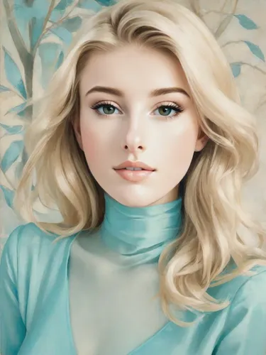 beautiful blonde, portrait, oil painting, Hockney style, cyan dress, stylised, Mediterranean,elsa,blonde woman,portrait background,fashion vector,fantasy portrait,realdoll,blonde girl,blond girl,magno