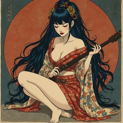 a painting of a female with a guitar sitting in the floor,geisha girl,oriental girl,geisha,oriental princess,cool woodblock images,oriental painting,oriental,odalisque,kimono,kabuki,woodblock prints,v