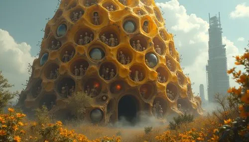 A skyscraper-sized hive constructed from calcified honeycomb and industrial steel. Hexagonal chambers house humanoid figures encased in amber, their faces contorted in terror. Swarms of biomechanical 