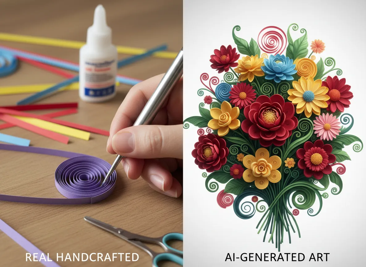 Un confronto a schermo diviso che mostra una mano reale che arrotola meticolosamente la carta a sinistra e un magnifico fiore in paper quilling generato dall'AI a destra.