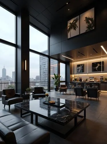 "A picture of a modern cafe in high-tech style. The interior is minimalist, using smooth, shiny surfaces and a neutral color scheme: black, gray, white and metal. Large windows with panoramic views of