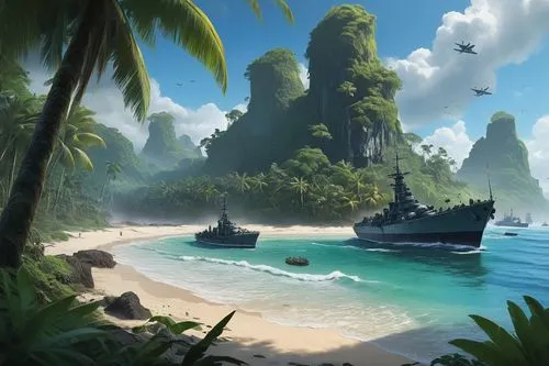  Game Scene, Wild angle view,tropical sea,south pacific,islands,an island far away landscape,windward,uncharted,south seas,tropical island,shipwrecked,shipwreck beach,tropical beach,castaway beach,cas