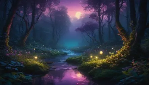 Create an anime-style image of a mystical forest at twilight. The forest should be dense with ancient, towering trees whose branches intertwine to form a canopy. Soft, ethereal light should filter thr