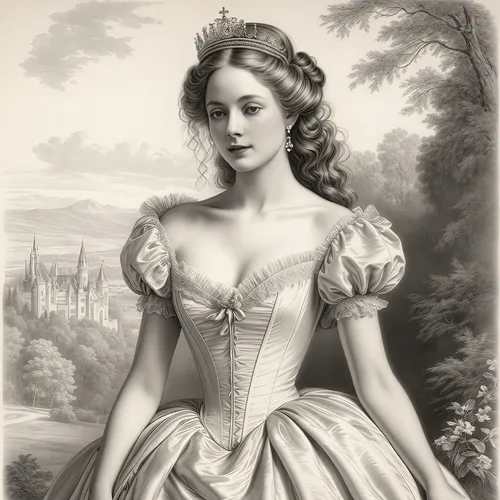 A highly detailed, realistic pencil or charcoal drawing on a white background, depicting an ethereal, regal young woman in a fantasy-inspired, fairy-tale setting, rendered with fine lines, cross-hatch
