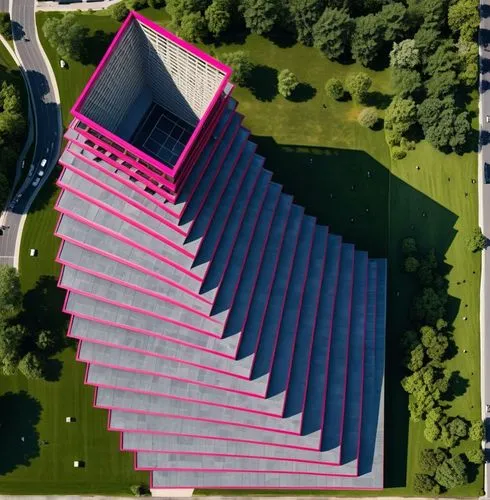 a huge building with long pink sections on the roof,pyramid,futuristic art museum,glass pyramid,pink squares,folding roof,pyramidal,cantilevered,view from above,cantilevers,drone image,pyramids,overhe