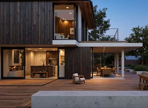A modern, minimalist house with a contemporary design, located in a suburban area. the house is a two-story building with dark wood siding and large glass windows that allow a glimpse of the outdoor k