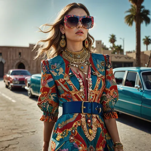 Female supermodel, showcases Gucci's eclectic and vibrant style, wearing a statement piece such as a boldly patterned dress with intricate embellishments,a woman wearing sunglasses and dress by cars,a