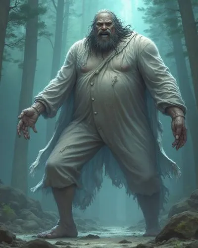 Horror protagonists, antagonists, ,a giant creature in the woods looking towards a light,monk,druid,the wanderer,sadhu,forest man,father frost