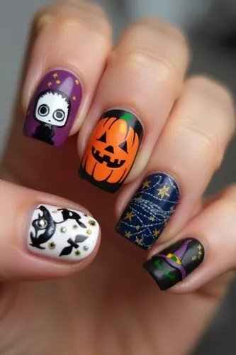 Nils Design, hallowen nails,
Halloween-themed nail art, each nail with a unique artistic style: 1. a cute zombie on a deep purple background, 2. a cheerful pumpkin on bright orange, 3. abstract geomet