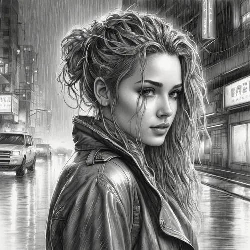 a young woman with flowing downward hair and a confident face,a pencil drawing of a woman in the rain,donsky,pencil drawings,in the rain,city ​​portrait,pencil drawing,walking in the rain