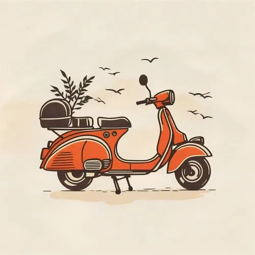 a drawing of a red scooter and birds flying overhead,piaggio,vespa,lambretta,motorscooter,moped,initial