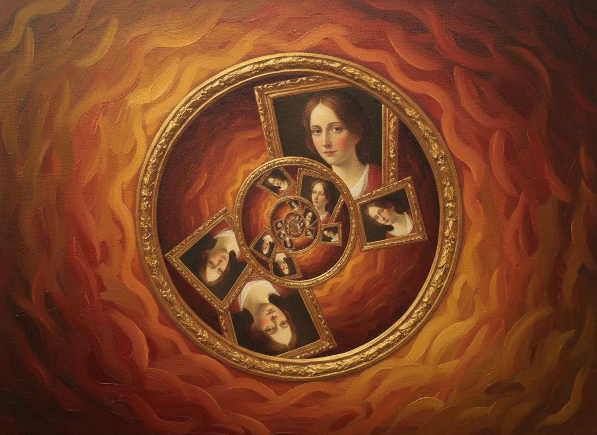 Un primo piano di un'opera d'arte dettagliata che dimostra l'effetto Droste, con un'immagine che appare ricorsivamente al suo interno in una spirale.