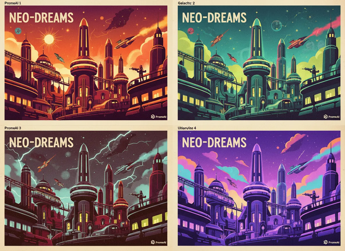 Una griglia di quattro varianti di poster che mostrano la stessa scena Raygun Gothic resa in diverse palette di colori retrofuturistiche da PromeAI.