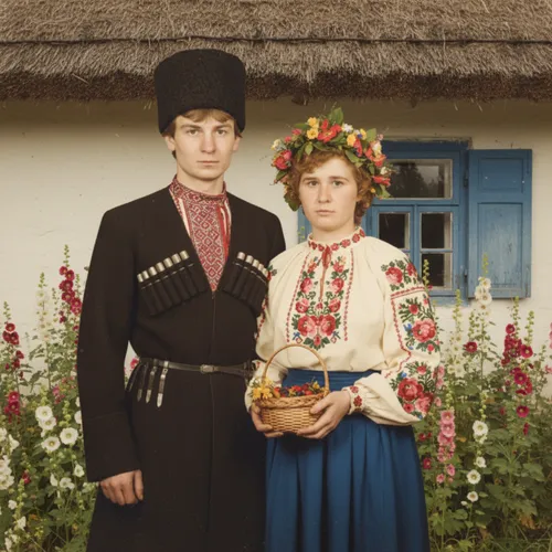 two people are dressed up in old fashion clothing,folk costume,folk costumes,emigrants,vintage man and woman,vintage boy and girl,traditionalists