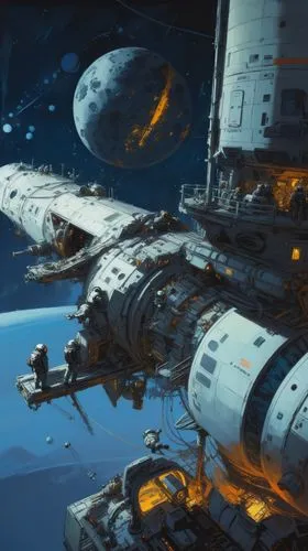 A space station docking platform with commanders disembarking from a military spaceship,space ships,sci fiction illustration,sci fi,spaceships,cg artwork,sci-fi,sci - fi,futuristic landscape,space por