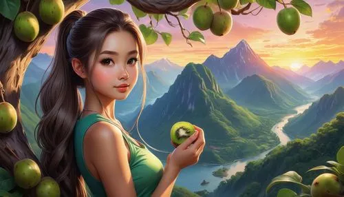 a  is eating an kiwi on the mountain,green apples,kiwifruit,woman eating apple,apple mountain,girl picking apples,green apple,landscape background,green kiwi,mangoes,water apple,collecting nut fruit,y