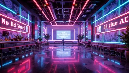 Neon-lit dance floor, futuristic LED lighting, sleek metallic bars, holographic displays, iridescent lounge chairs, glowing cocktail tables, futuristic DJ booths, gravity-defying installations, psyche