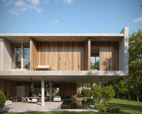 
A modern, minimalist house with a concrete exterior and wooden cladding. the house is situated in a lush, tropical garden with a small pond in the center. the sky is a bright blue with a few scattere