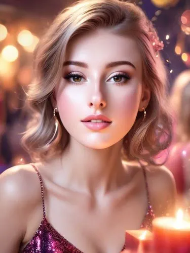 Birthday girl, party, in the style of Ellen Von Unwerth, colourful,a young woman with long hair and pink lipstick in a pink dress with bright lights around her,romantic look,romantic portrait,portrait