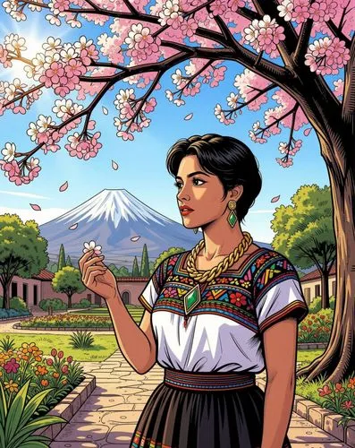 Detailed and semi-realistic manhwa style.
A 32-year-old Mexican She is dressed in traditional Mexican clothing. She walks through a Mexican garden beneath a cherry blossom tree. She gazes at the flo