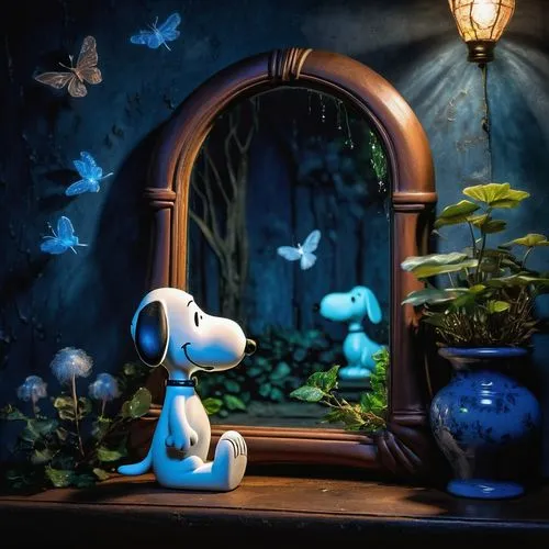 Snoopy watches a nearly invisible floating ghost coming out of a mirror in an old rustic haunter house, the room is bathed in bluish moonlight, cobwebs are all around, 3D style effect,snoopy,smurf fig