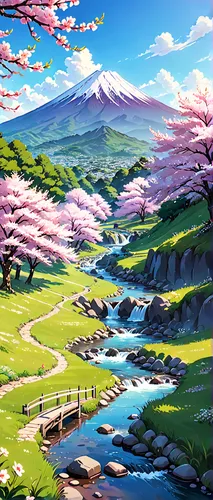 Fuji mountain,  in the summer season. Cherry flowers are blooming. A stream flowing across the farms.,japanese sakura background,sakura background,japan landscape,sakura trees,japanese cherry trees,la