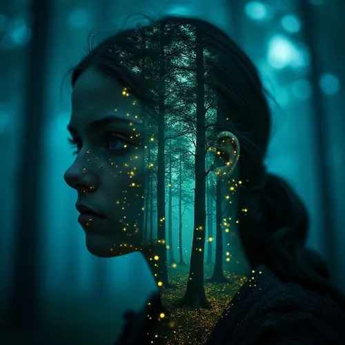 A girl's face, double exposure showing the forest, forest,a woman with glowing head and body shapes next to a tree,mystical portrait of a girl,fireflies,fairie,girl with tree,echo,digital art,photoman