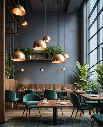a modern restaurant with green chairs and wood tables,modern decor,foscarini,limewood,table lamps,blue lamp,contemporary decor,Photography,General,Realistic
