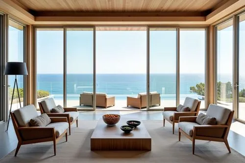 Design stunning glass-walled retreats harmonizing nature with modern elegance.,a living room with multiple chairs and large windows,beach house,penthouses,oceanfront,dunes house,luxury home interior,i