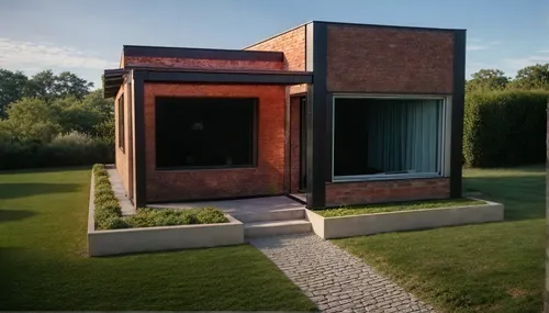 two small buildings next to each other in the grass,cubic house,model house,cube house,clay house,frame house,crematoria,crematorium,brick house,prefabricated,cuboid,loggia,louver,modern architecture,