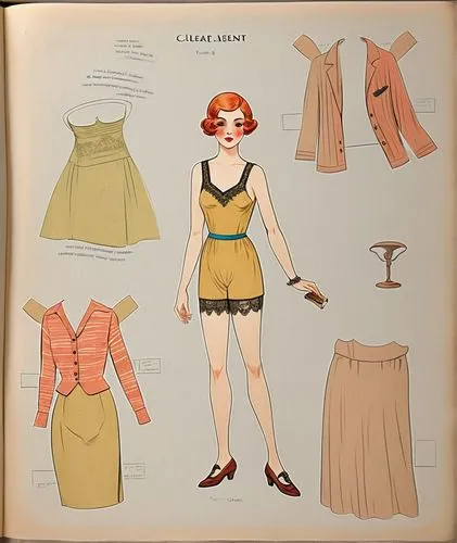 Vintage Paper dolls 1920s women in  shirt,  lace  french knickers with  shoe standing with a set of elegant 1920s dress full color colorful 1920s fashion 1920s clothing,vintage paper doll,retro paper 