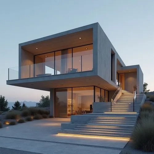 A hyper-realistic, high-resolution architectural photograph capturing a striking, multi-level contemporary home constructed primarily from smooth, exposed concrete. The design is characterized by dram