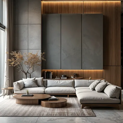 Room, Modern, Layered volumes, Textured stone, brushed aluminum,modern interior with a wooden table and white couch,minotti,contemporary decor,modern decor,interior modern design,modern living room,do