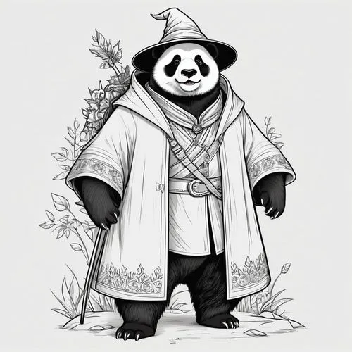 "Générer une image en noir et blanc d'un panda géant anthropomorphique habillé en sorcier ou aventurier. Le panda doit avoir une expression douce et légèrement espiègle. Son pelage doit être rendu ave