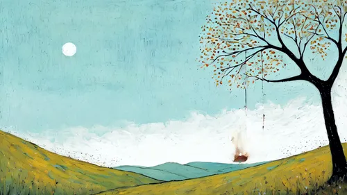 girl on a swing in the mountain,rural landscape,lone tree,autumn landscape,vincent van gough,landscape,home landscape,farm landscape,birch tree illustration,small landscape,isolated tree,salt meadow l