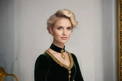 На фоне интерьера Грановитой палаты  Московского Кремля,a close up of a female in a black dress,noblewoman,marchioness,elegant,mayoress,czarist,blonde woman,elegance,folk costume,vintage female portra