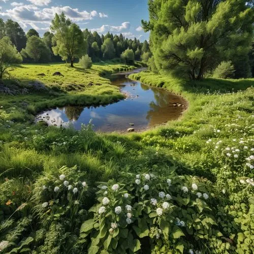 Imagine a building with a façade resembling a giant puzzle, made of interlocking pieces of recycled plastic.,meadow landscape,green meadow,small meadow,summer meadow,green landscape,river landscape,br