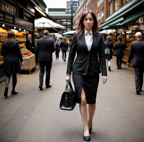 Sharp focus. artistic photography,  40 year old woman in  black skirt suit walking through Borough Market.,businesswoman,business woman,white-collar worker,woman in menswear,business girl,businesswome