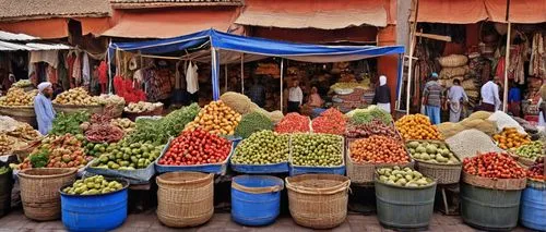 view,marakesh market,many baskets with various types of fruit for sale,fruit market,spice market,vegetable market,vendors,market vegetables,market stall,spice souk,the market,colored spices,marketplac