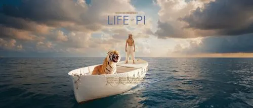 The white boat floats on the sea. Blue sky and white clouds in the background,a po of a woman and tiger in a boat on a ocean,liferaft,life raft,lifeboats,lifeboat,lifejacket,lifegift,liferafts,shiplif