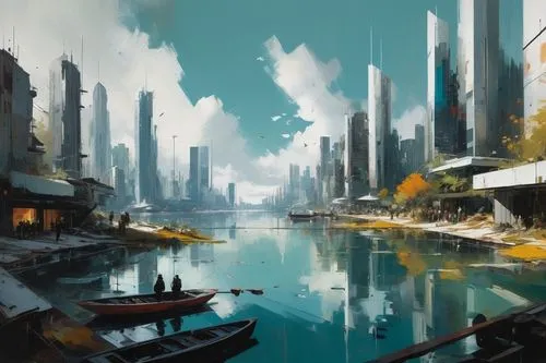  Game Scene, Wild angle view  Game Scene, Wild angle view a beautiful utopia  futuristic city, on the lake shore, modern  buildings,a painting of a city landscape in the future,world digital painting,