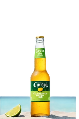 Corona beer bottle, cold condensation, lime wedge, green label, golden beer liquid, frosty glass, beach scene inspired, summer vibes, warm lighting, shallow depth of field, 3/4 composition, panoramic 
