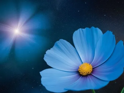 cosmos,a blue flower with a bright yellow center is in front of the star,blue daisies,blue petals,blue flower,blu flower,cosmos,white cosmos
