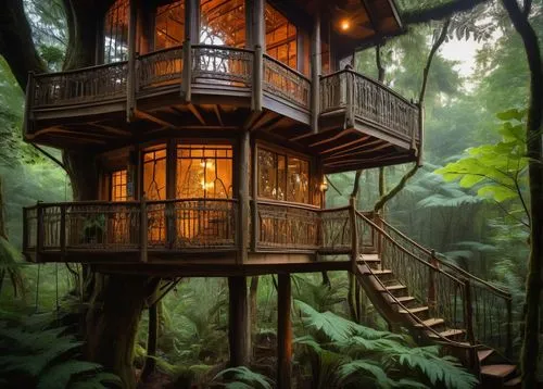 Whimsical treehouse, modern architecture, surrounded by lush greenery, tall trees, wooden pillars, rope ladder, intricate carvings, stained glass windows, cozy reading nook, hammock, lanterns, warm li
