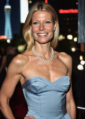 Gwyneth Paltrow, actress, 40yo, blonde hair, blue eyes, natural makeup, elegant smile, white pearl necklace, black strapless evening gown, high heels, red carpet, flashing cameras, Hollywood premiere,