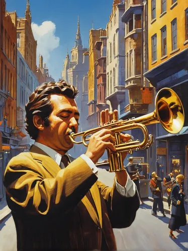 Improvise a lively tune on a trumpet at a bustling city street.,trumpet player,trumpeter,trumpet climber,trumpet gold,gold trumpet,trumpet,man with saxophone,saxophone playing man,flugelhorn,trombone 