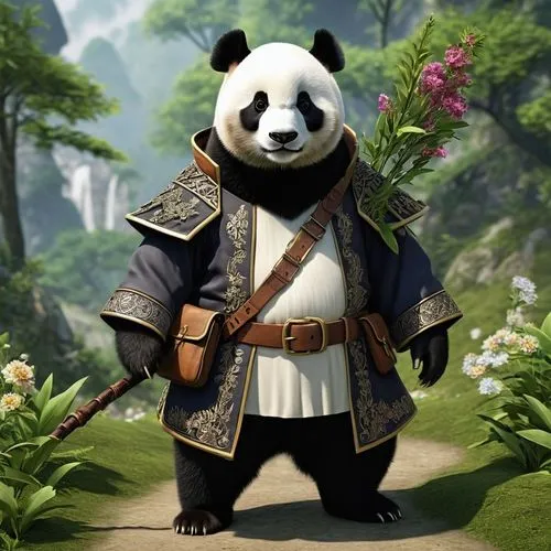 "Générer une image en noir et blanc d'un panda géant anthropomorphique habillé en sorcier ou aventurier. Le panda doit avoir une expression douce et légèrement espiègle. Son pelage doit être rendu ave