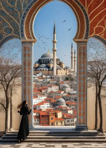 skizzenbuchstil, anordnung der studien auf der seite, mischung aus schwarz-weiss handzeichnung und aquarellskizzen in einer vielzahl von verschiedenen b, echte stadtbild (istanbul) elemente, sinan arc