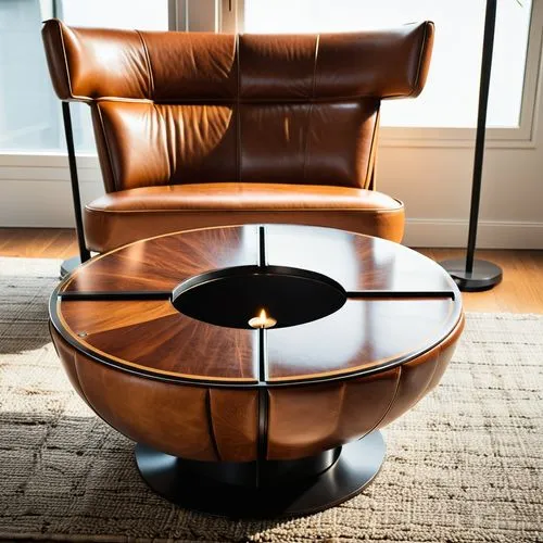 Gentleman's Crest Coffee Table:

Description: unique, extraordinary, creative, A coffee table with a minimalist design and a retro touch.  a leather-covered wooden top offer timeless elegance., cigar 