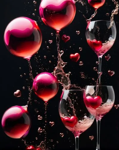 big pink bubbles meets dark red hearts and champagne  in a other dimension,several glasses filled with wine and filled with hearts,drop of wine,bubbly wine,pink wine,lambrusco,rose wine,vinos,rosato,w